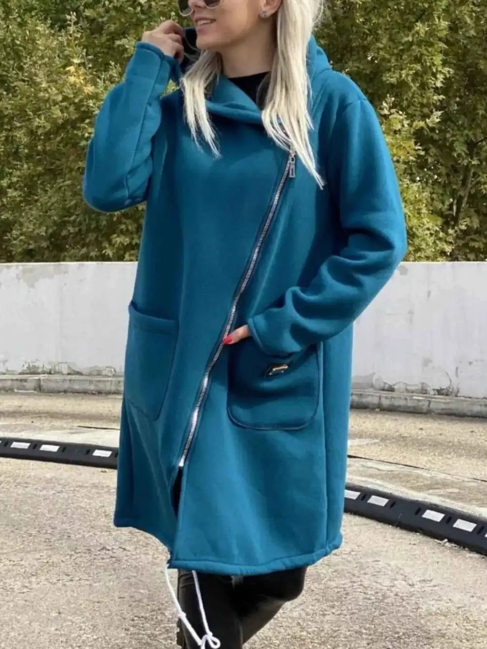 Plus Size Asymmetrical Zip-Up Hooded Fleece Outerwear