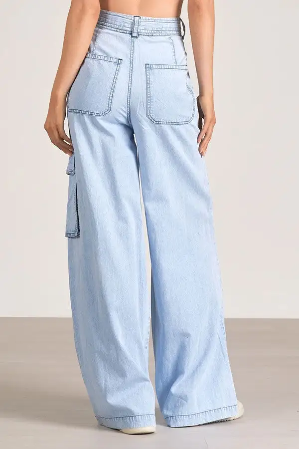 Women's Light Blue Denim Cargo Wide Leg Pants