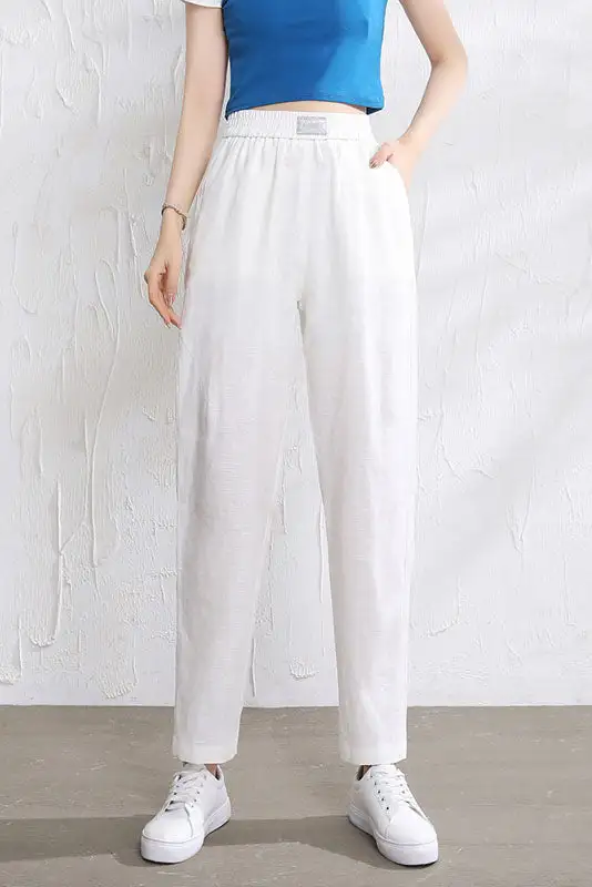 Classic Linen Elastic Waist Pocketed Trousers