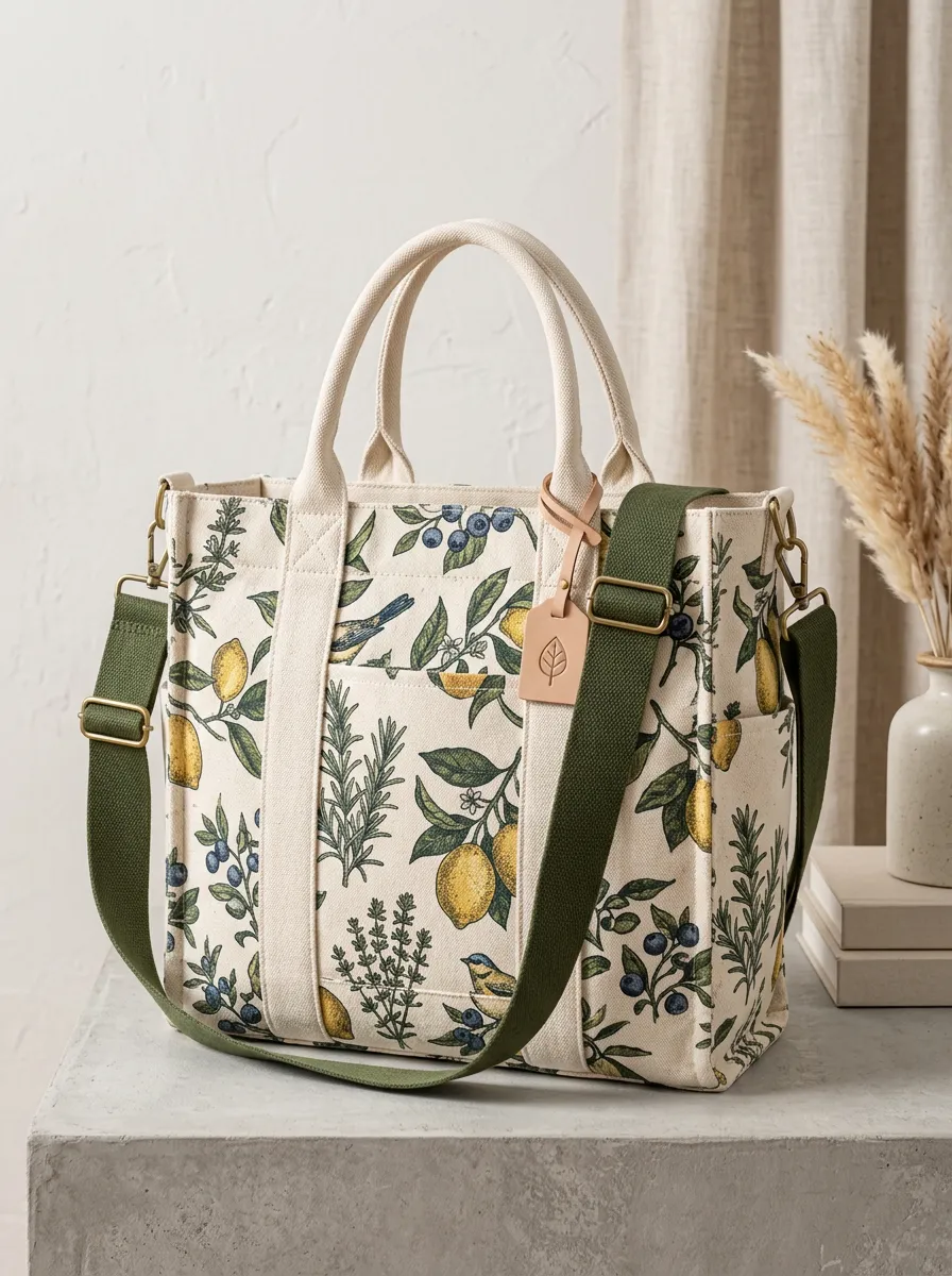 Women's Botanical Blueberry Lemon Printed Canvas Shoulder Tote Bag