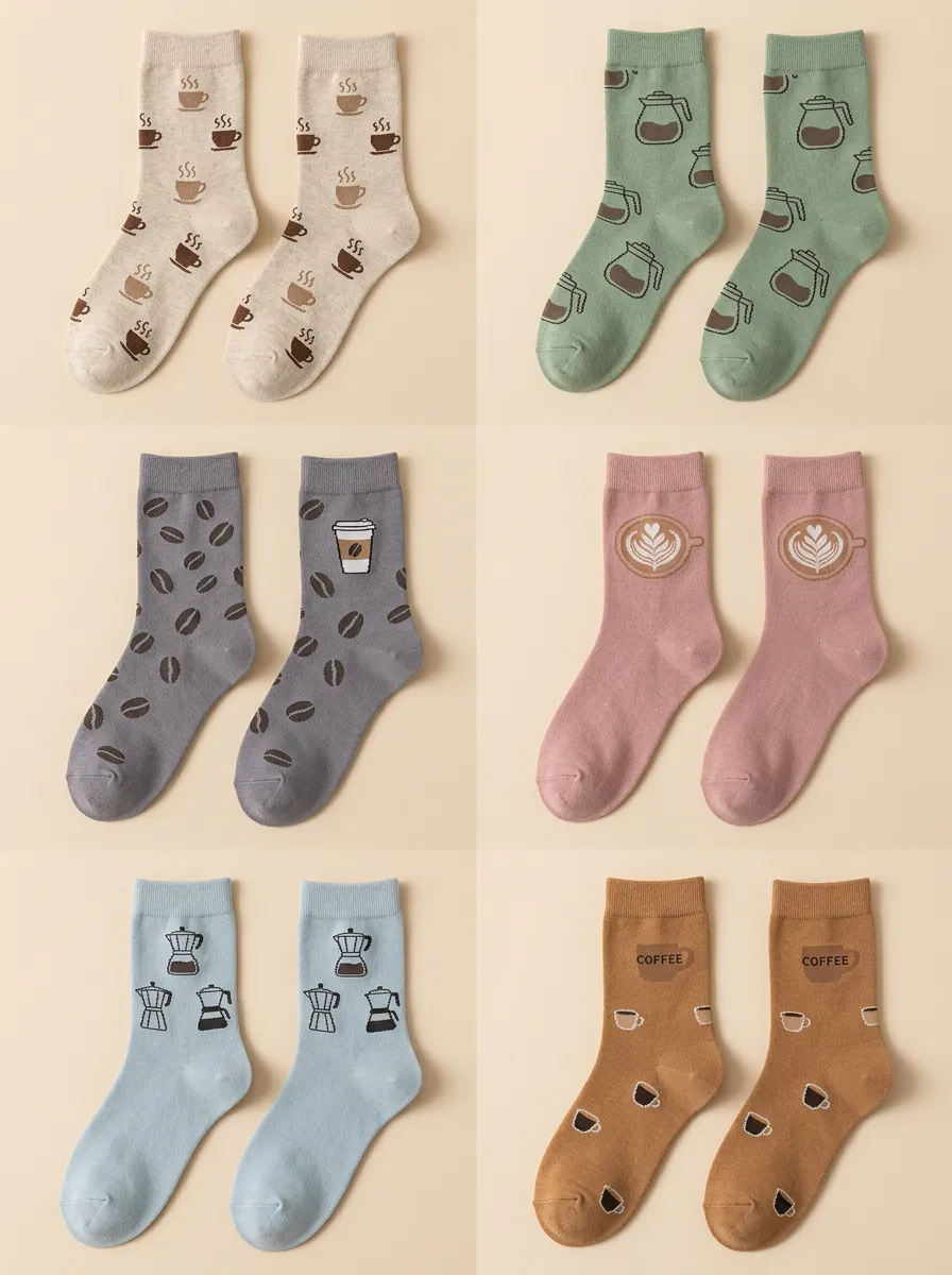 Women's Coffee Motif Jacquard Crew Socks Six Pair Set