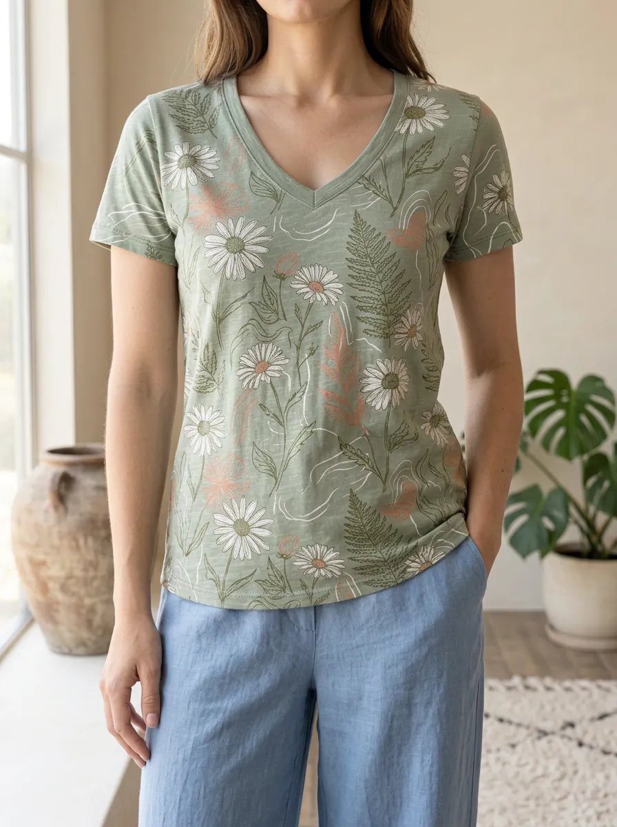 Women's Botanical Daisy Fern Printed V-Neck T-Shirt