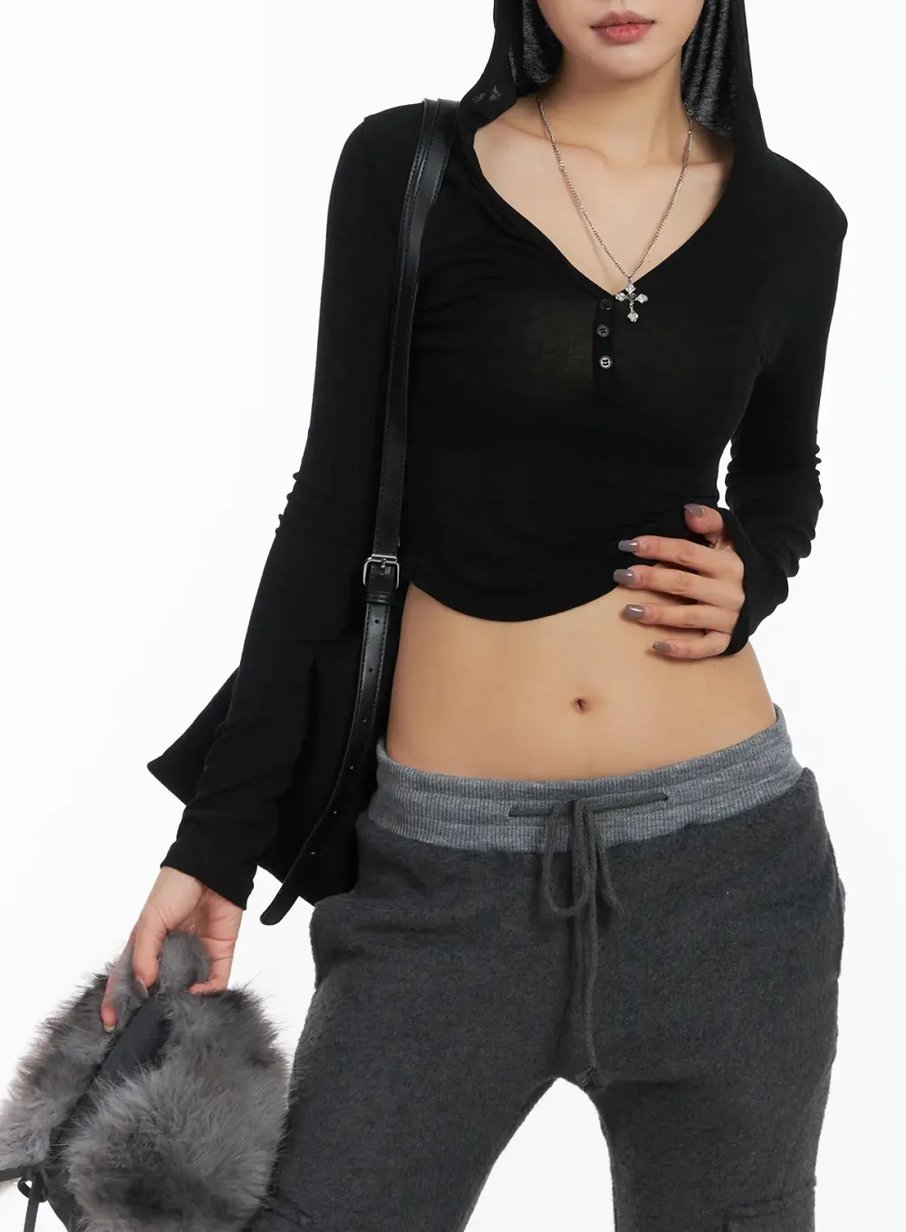 Buttoned Hooded Long Sleeve Crop Top