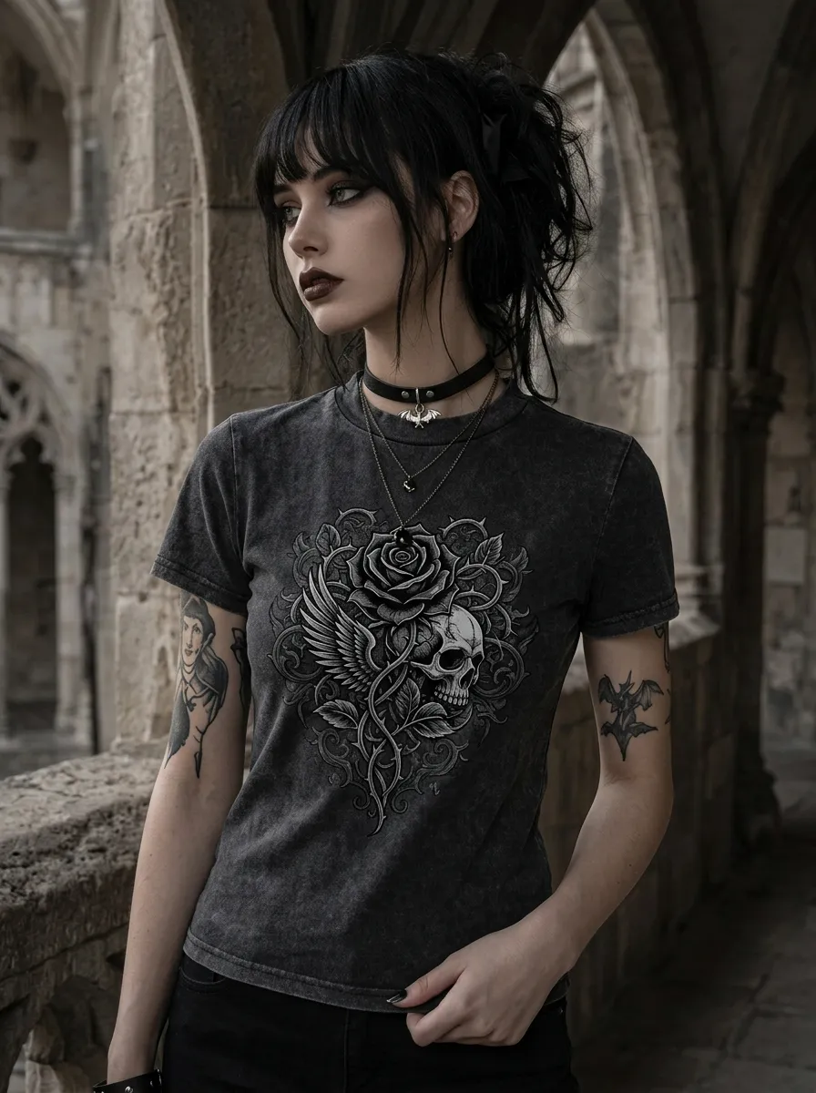 Underground Skull Rose Wing Finish Women's Gothic T-Shirt