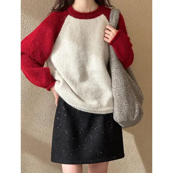 Polished Round Neck Raglan Sleeve Color Block Sweater