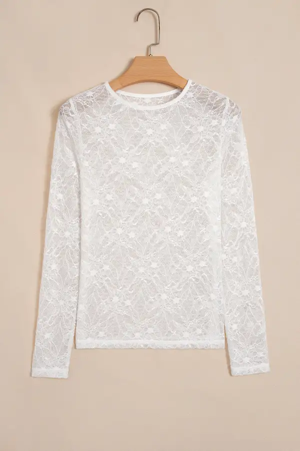 Floral Print Mesh Stretch Knit Long Sleeve Top