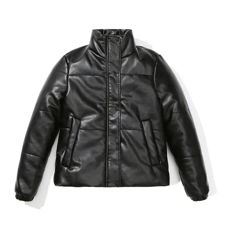 Relaxed Stand-Collar Zip-Front Faux-Leather Leather Casual Outerwear Jacket