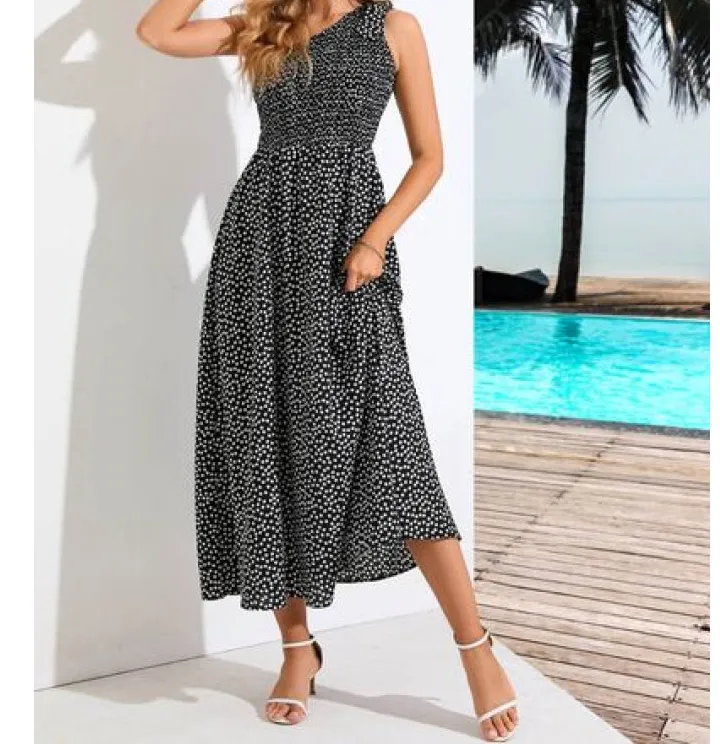 Printed Single Shoulder Midi Dress