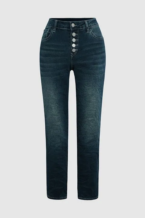 Button Up Roll Hem Straight Leg Jeans