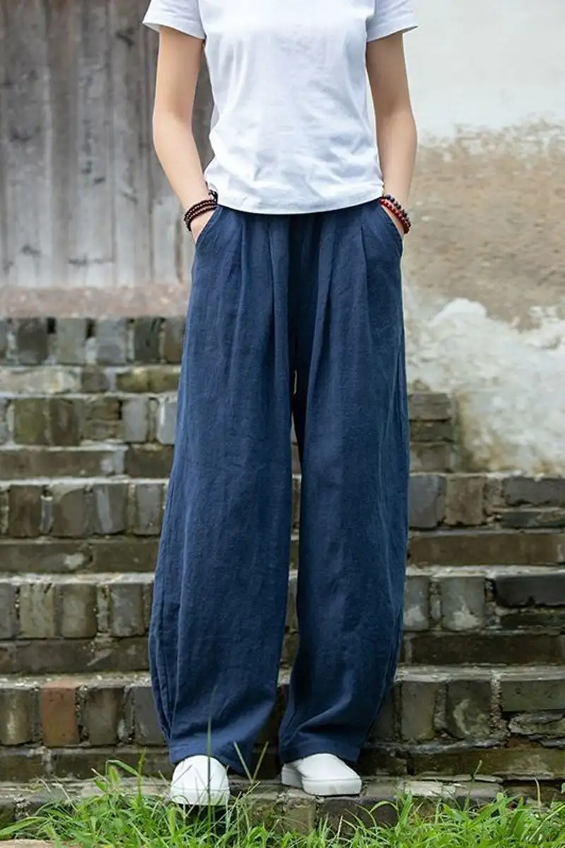 Refined Linen Cotton High Waist Pocketed Trousers