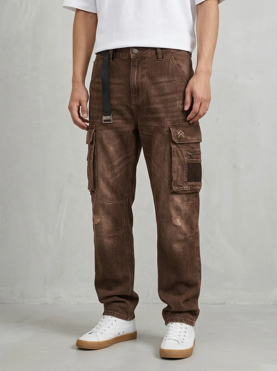 Men's Streetwear Multi-Pocket Distressed Denim Cargo Jeans