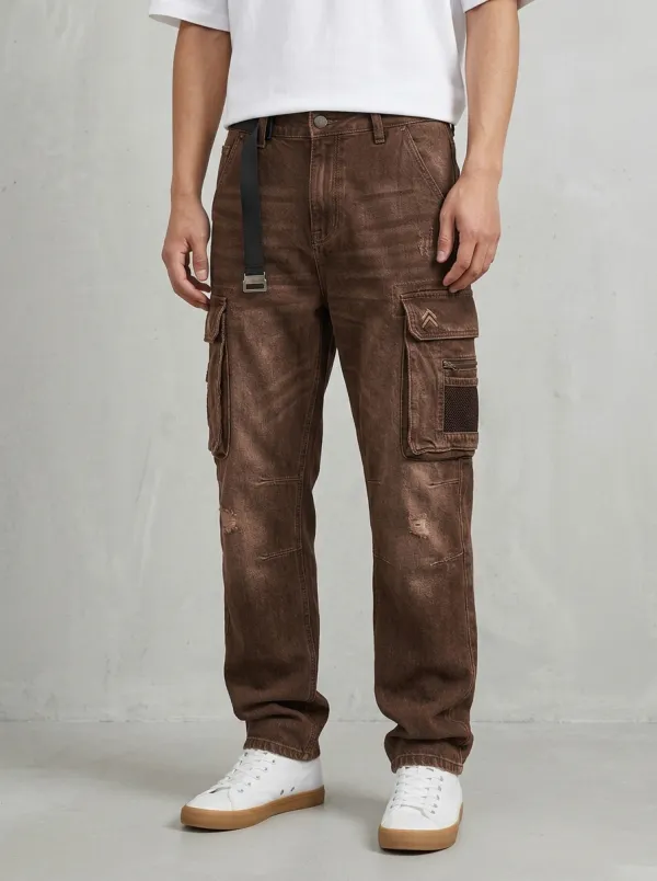 Men's Streetwear Multi-Pocket Distressed Denim Cargo Jeans