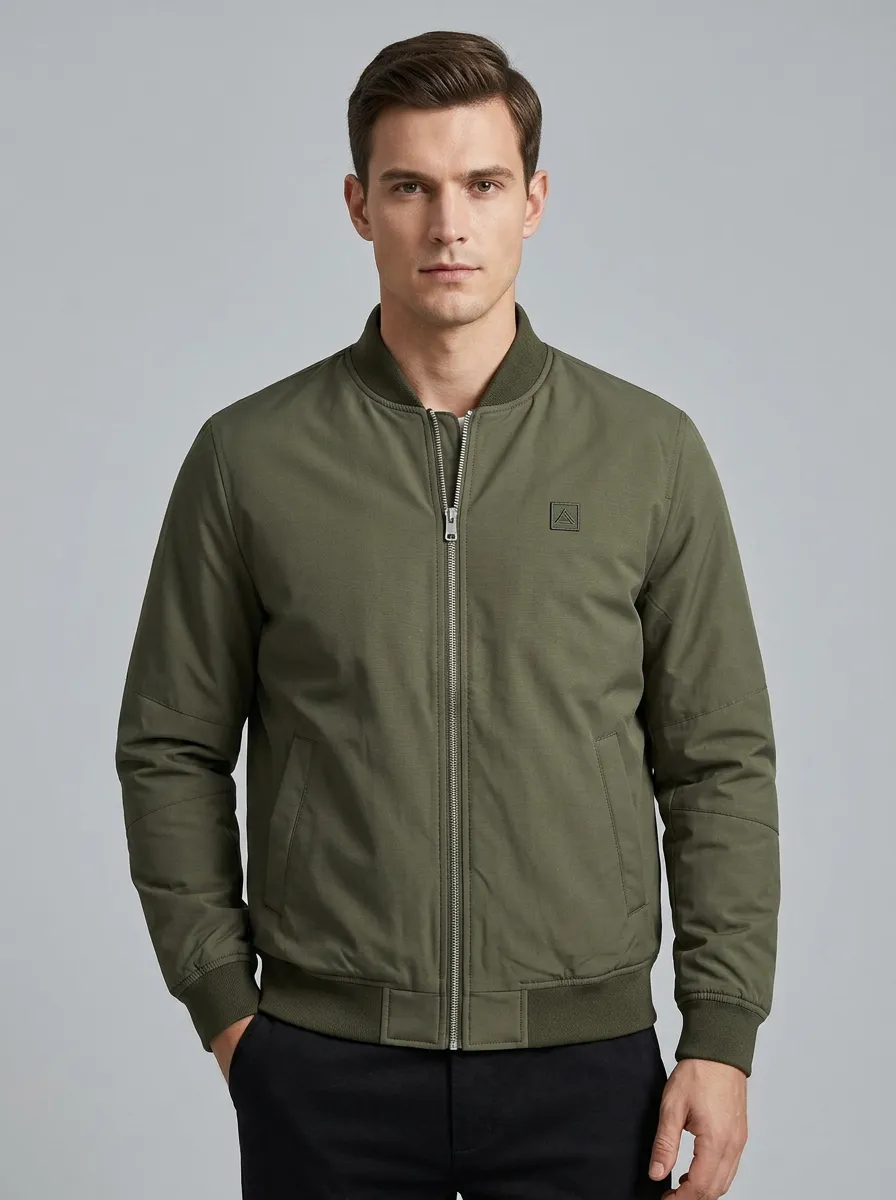 Men's Casual Olive Green Minimalist Zip-up Bomber Jacket