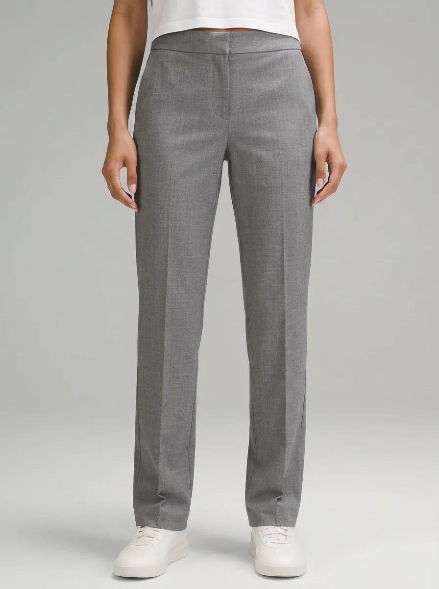 Women's Casual Office Grey Solid Mid-Rise Straight Leg Pants