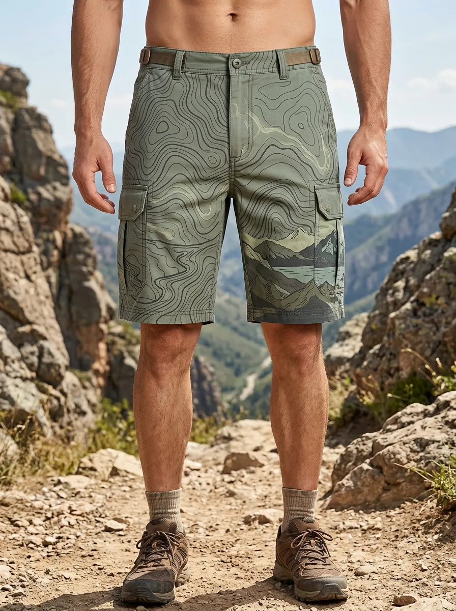 Men's Relaxed Hiking Outdoor Topographic Mountain Cargo Shorts