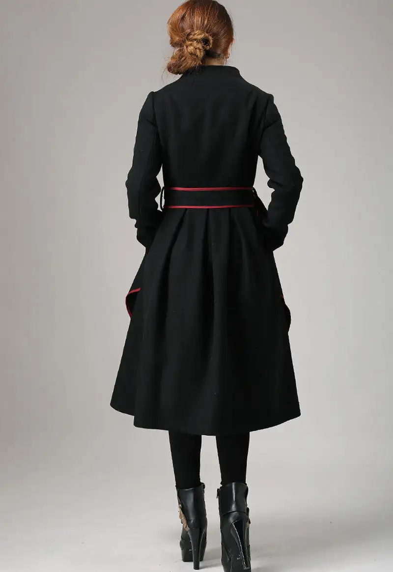 Wool Fit and Flare Single Breasted Stand Collar Pleated Coat
