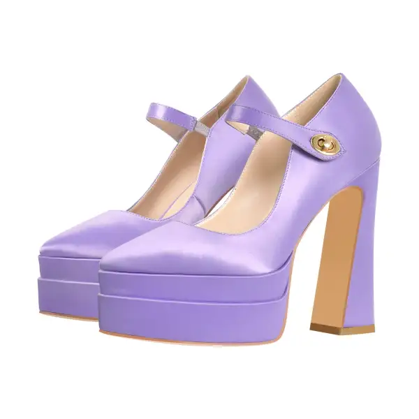 Satin Finish Pointed Toe Platform Chunky Heel Pumps
