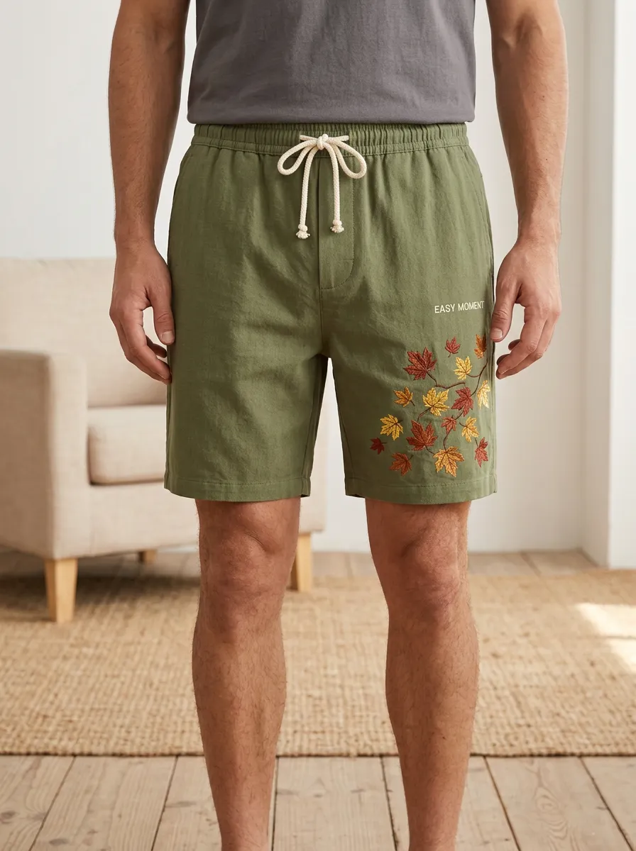 Olive Embroidered Leaf Detail Drawstring Shorts