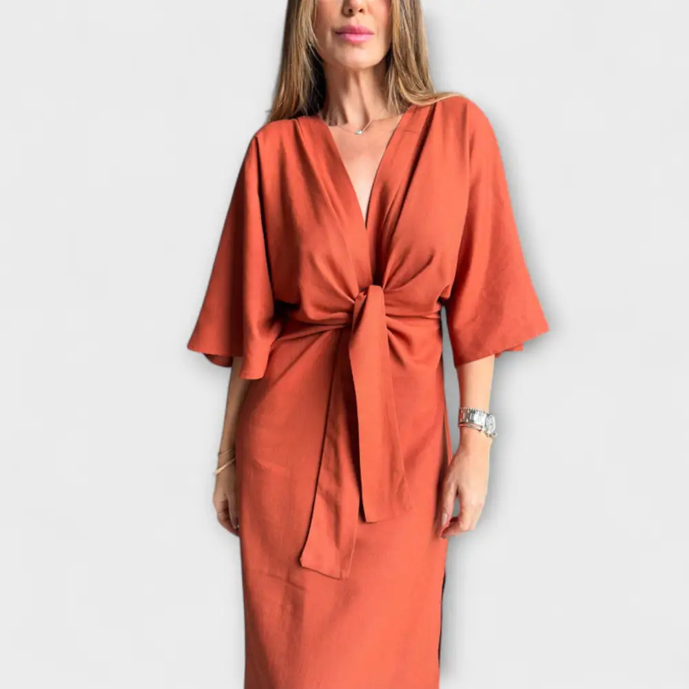 V-Neck Linen Cotton Casual Dress