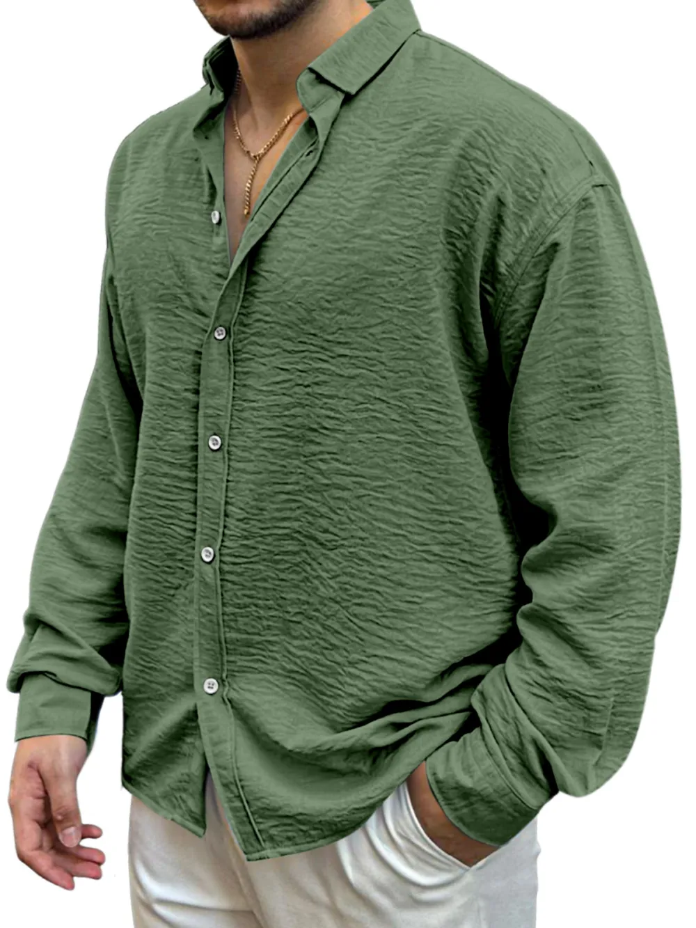 Garment Washed Camp Collar Pleated Front Shirt