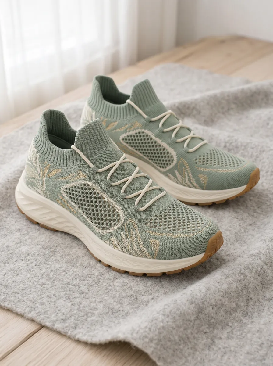 Women's Sage Green Botanical Leaf Pattern Printed Sneakers