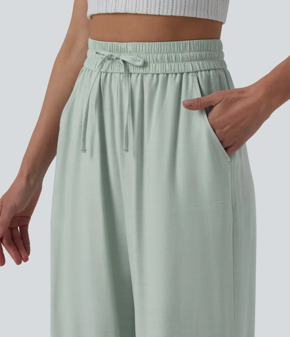 2026🔥High Waisted Drawstring Wide Leg Casual Linen-Blend Trousers with Pockets