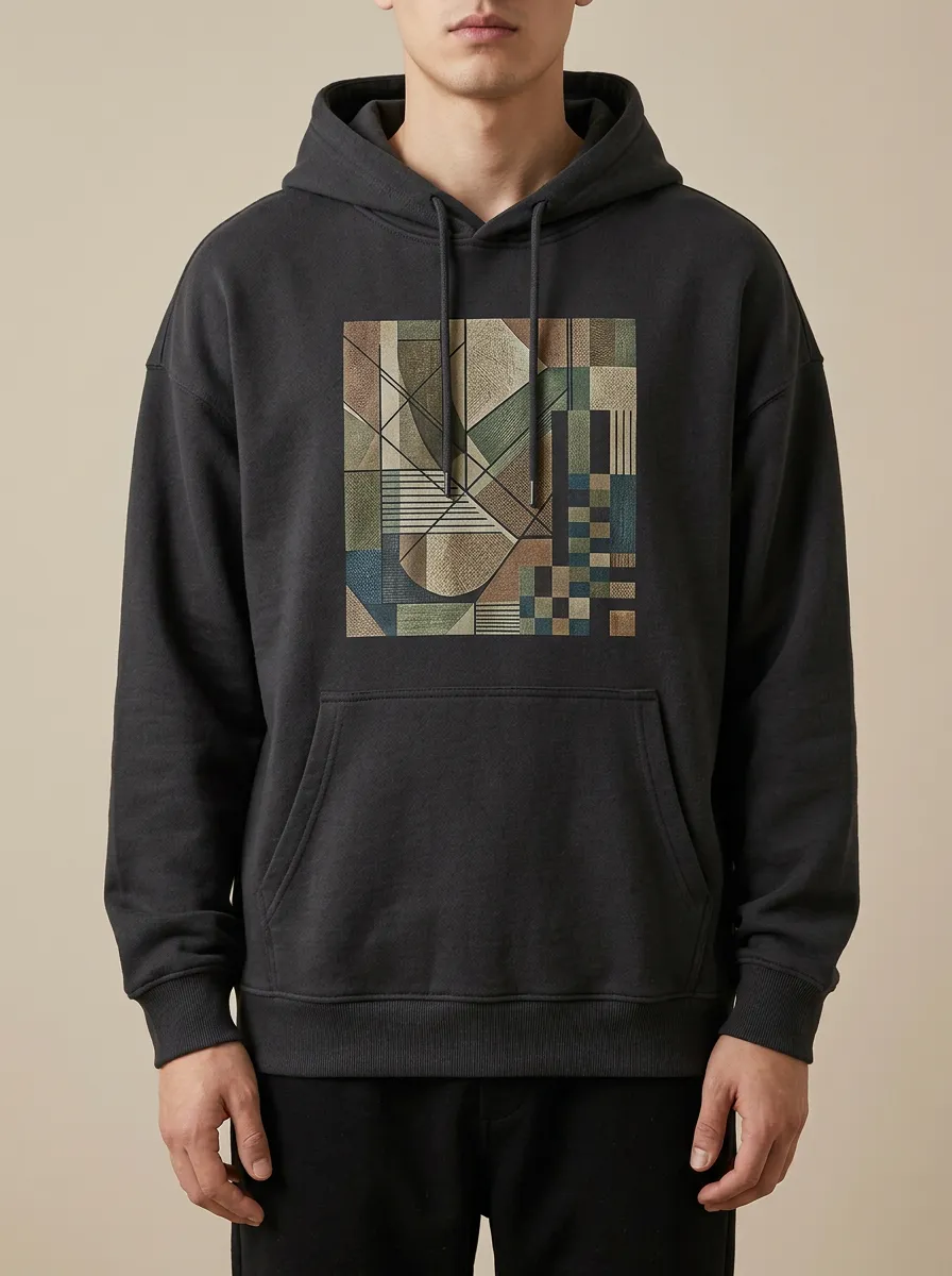 Men's Geometric Abstract Print Ribbed Trim Hoodie