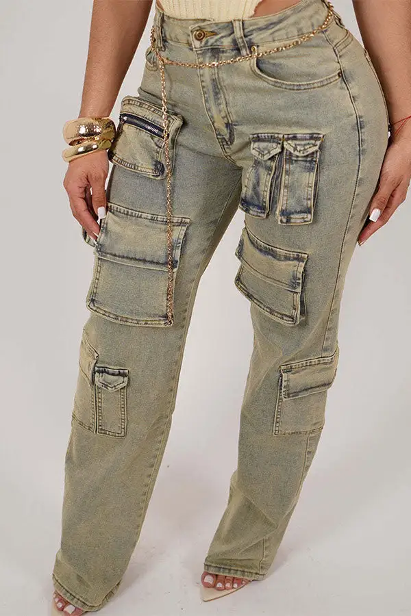 Green Distressed Washed Multi-Pocket Jeans