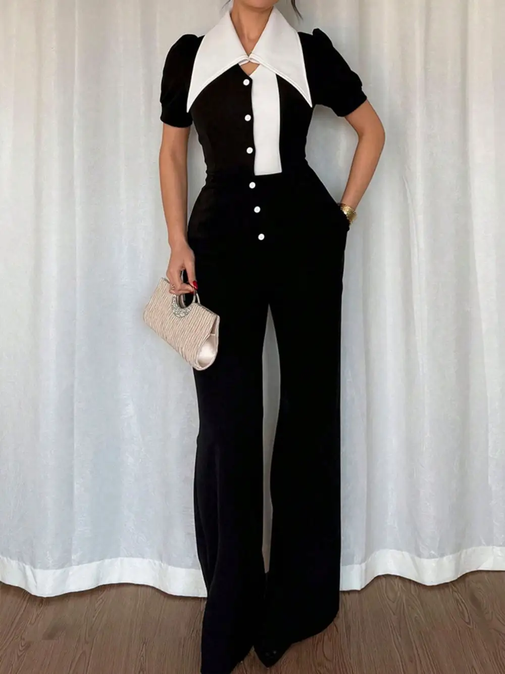 Contrast Button Down Wide Leg Jumpsuit