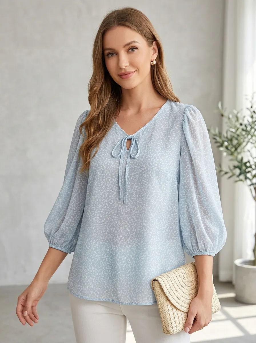 Floral V-Neck Women's Puff-Sleeve Blouse