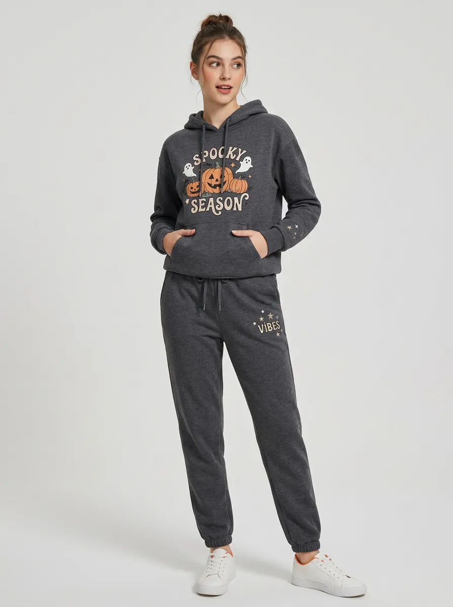 Women's Halloween Spooky Season Pumpkin Ghost Printed Tracksuit