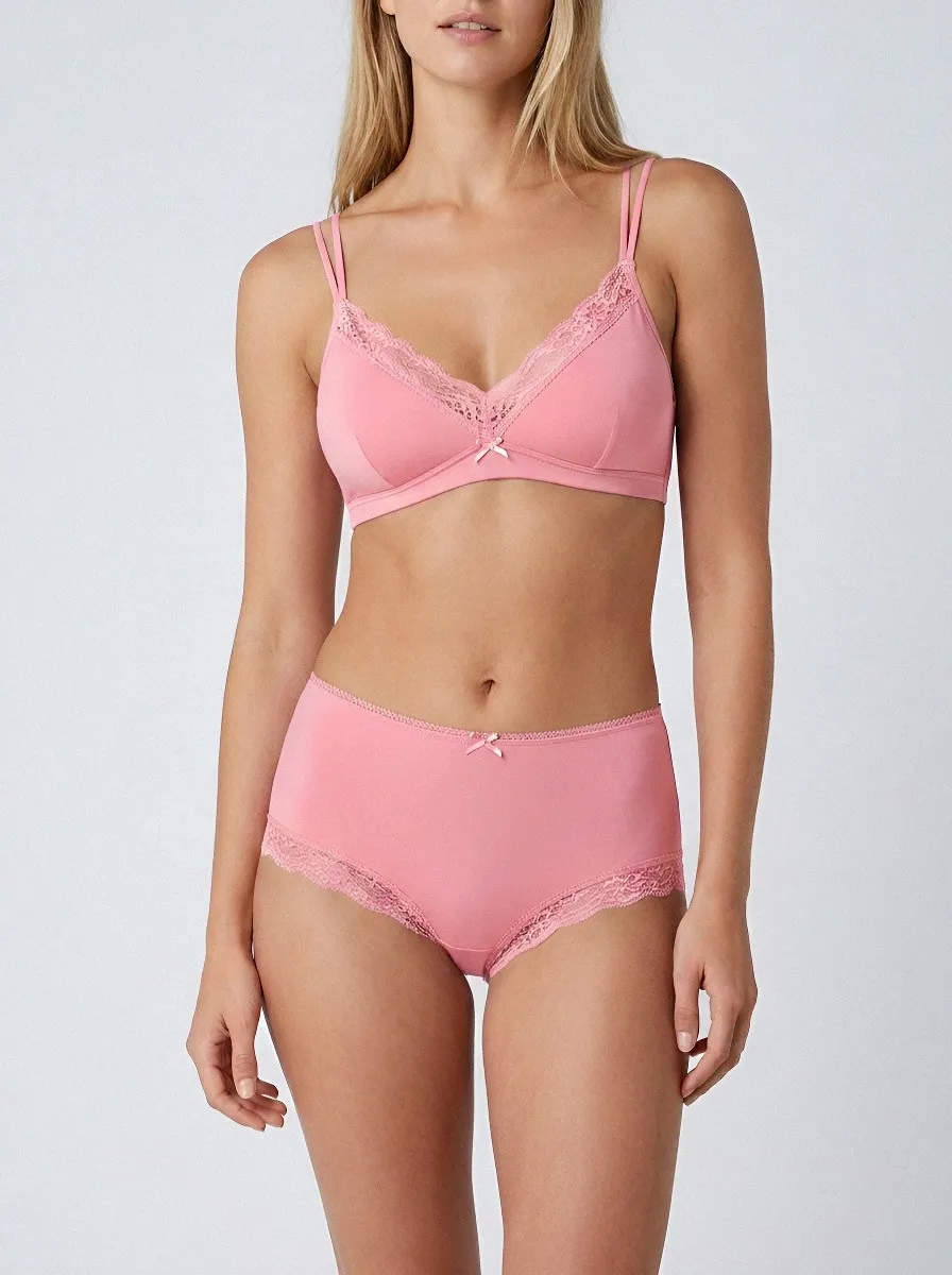 Women's Lace Trim Bowknot Lingerie Set