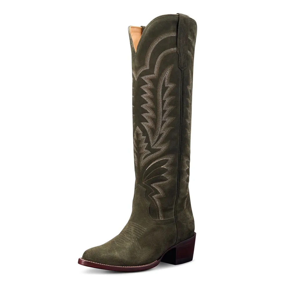 Faux-Suede Embroidered Pointed-Toe Chunky-Heel Knee-High Boots