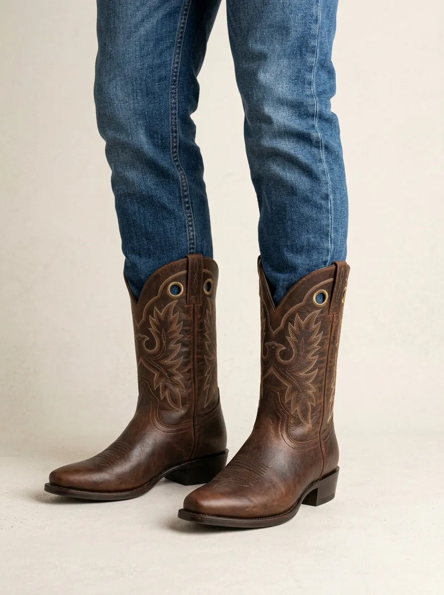 Men's Western Cowboy Eagle Stitched Leather Printed Boots
