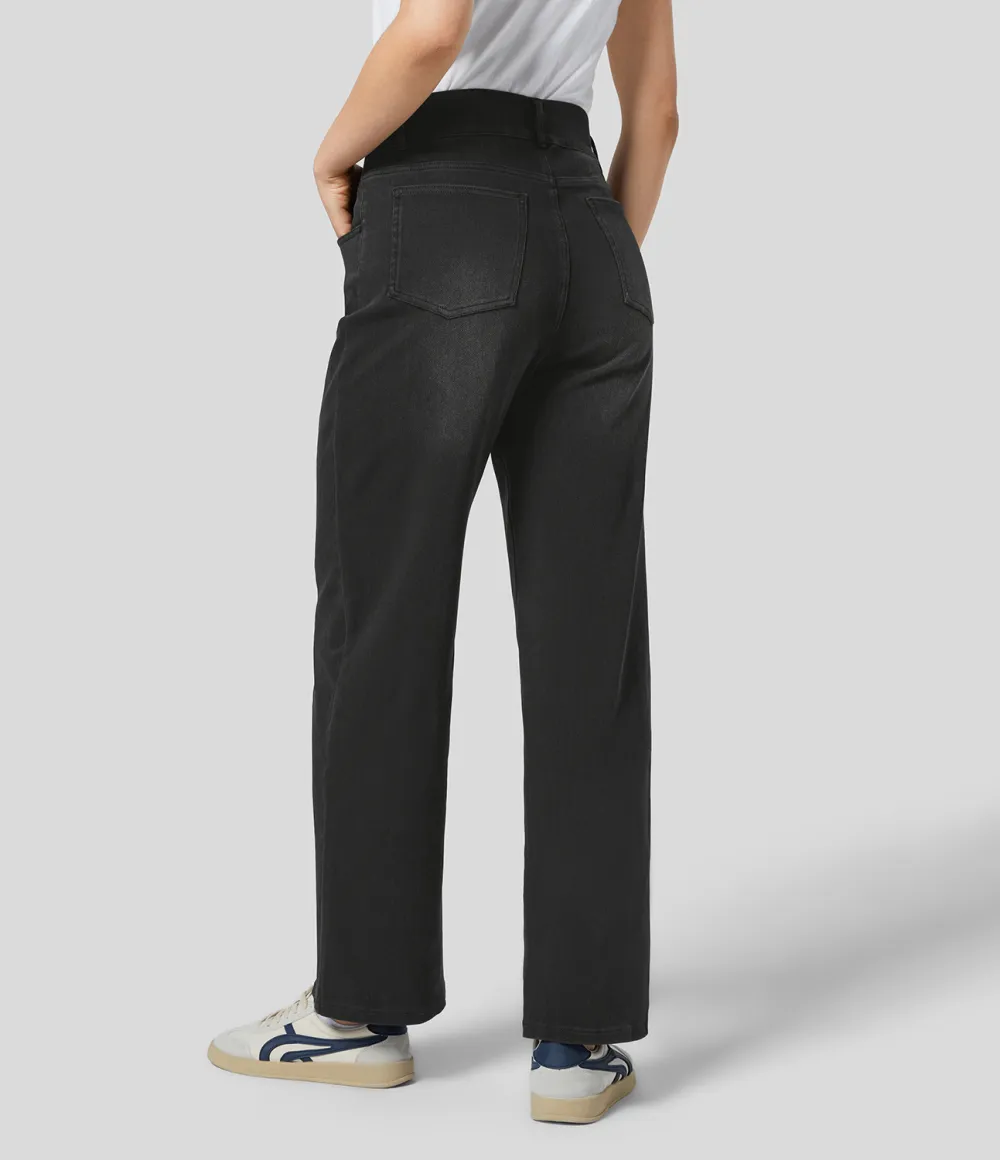 Magic High Waisted Decorative Button Multiple Pockets Straight Leg Stretchy Knit Casual Boyfriend Jeans