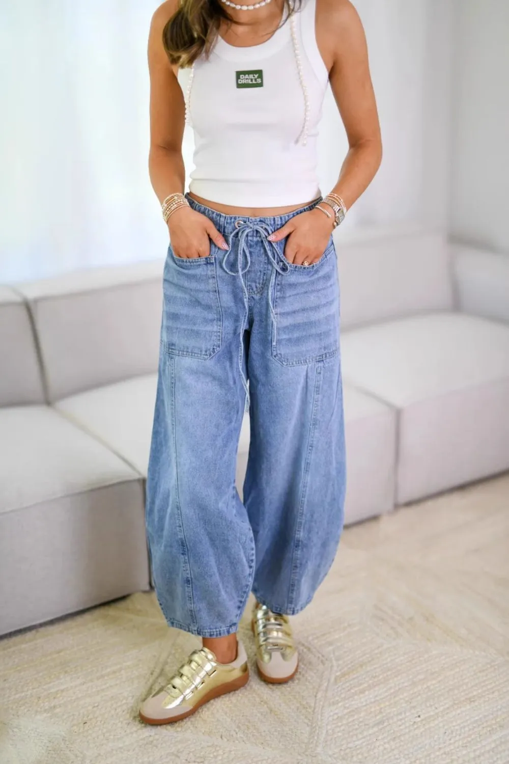 Pocketed Drawstring Denim Jeans
