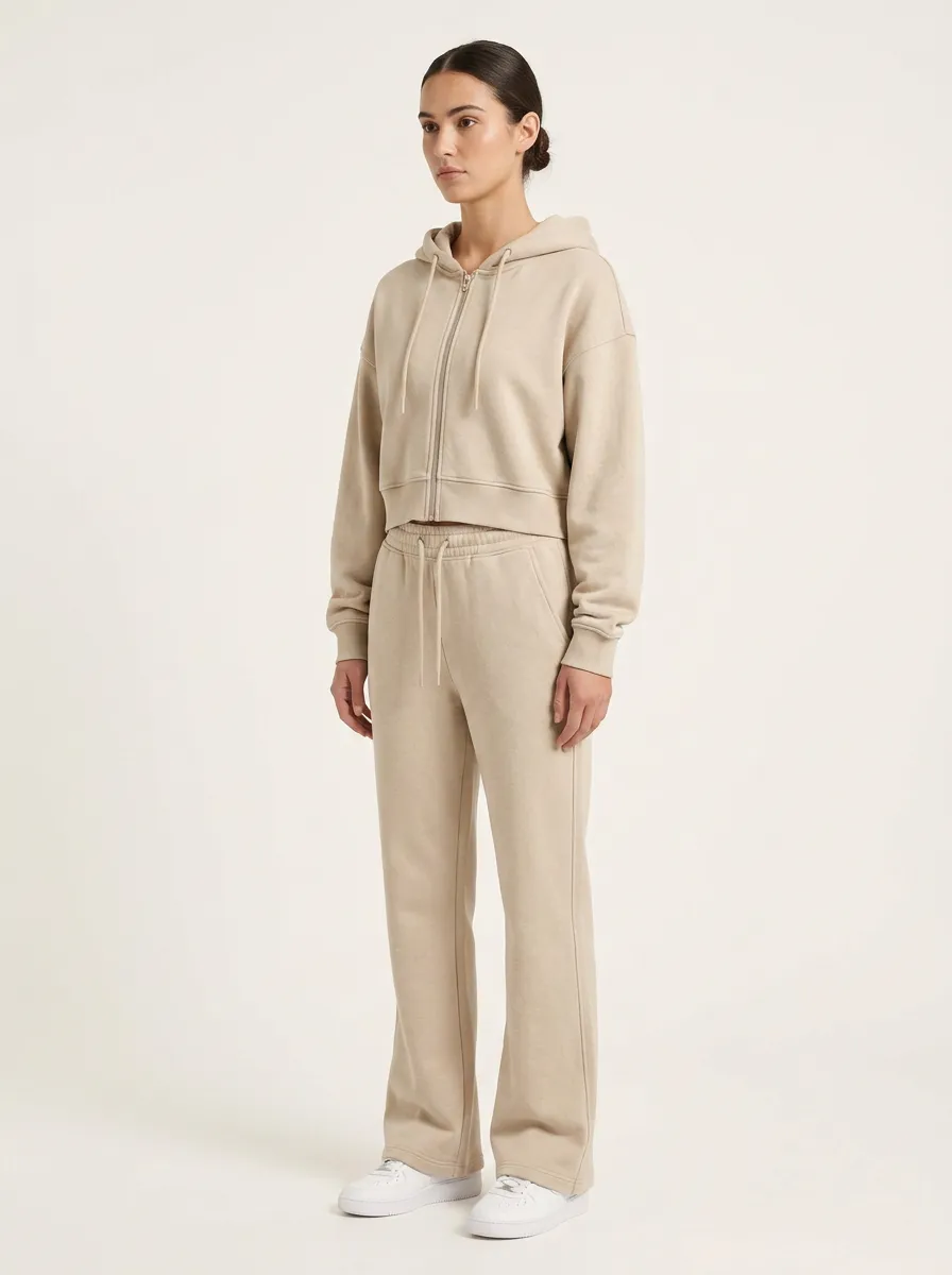 Women's Graphic Minimal Cropped Hooded Jacket and Flare Pants Active Set