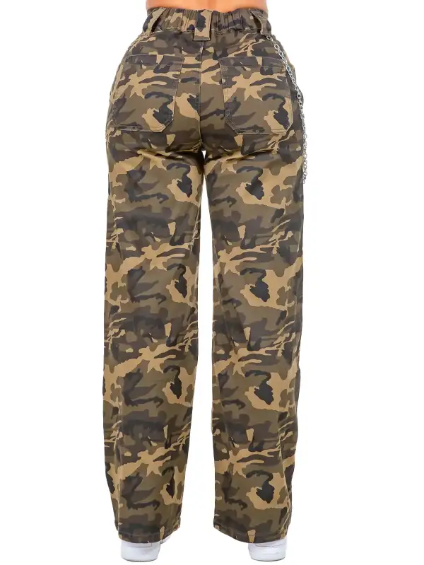 Women's High Waist Wide Leg Camouflage Removable Chain Pants