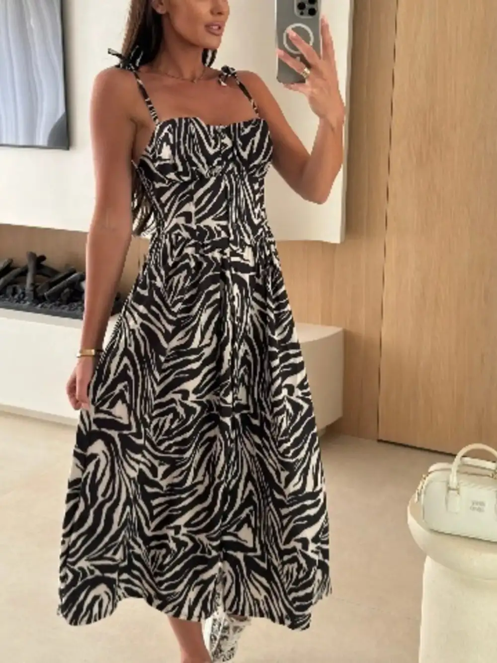 Printed Tie-strap Midi Dress