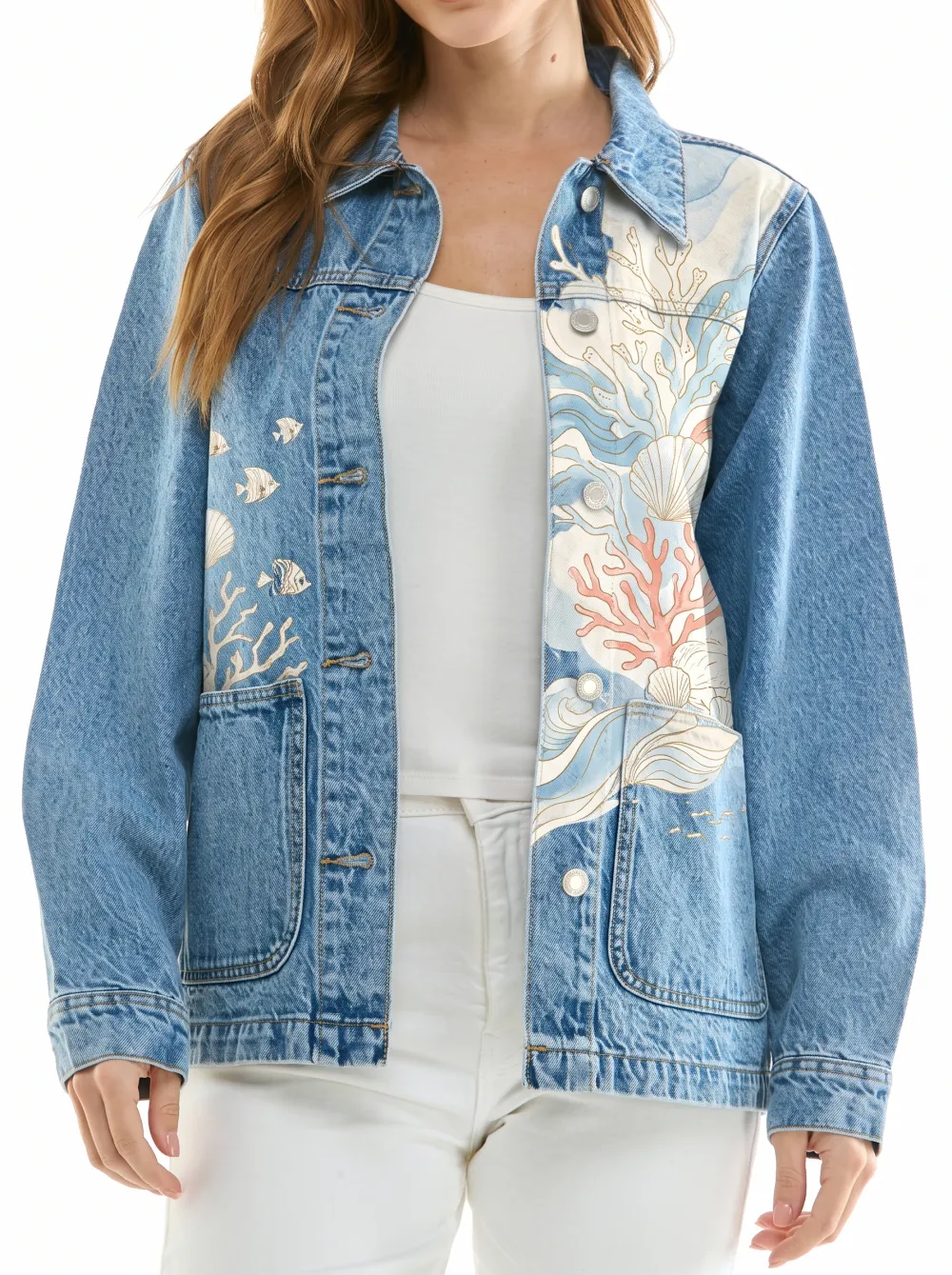 Women's Ocean Lover Coral Reef Fish Printed Denim Jacket