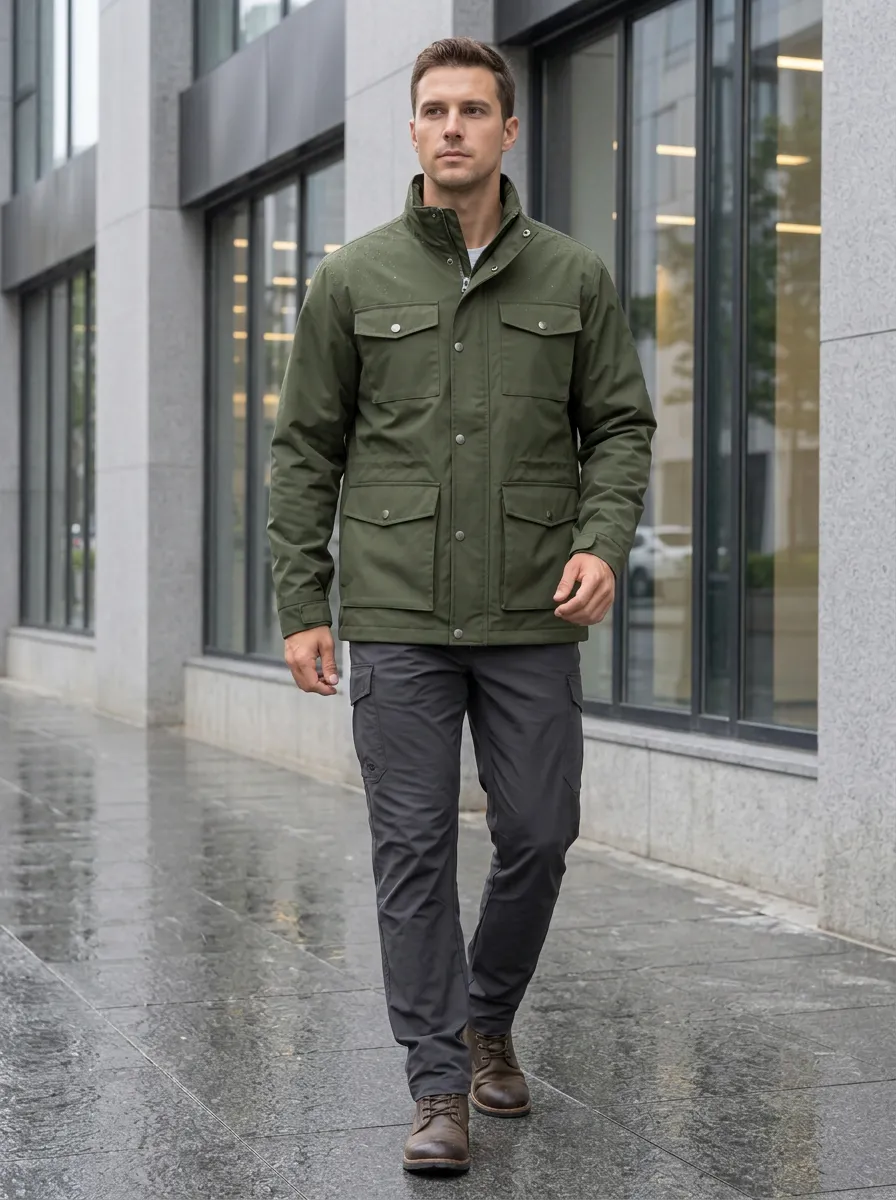Men's Olive Green Waterproof Jacket with Adjustable Cuffs