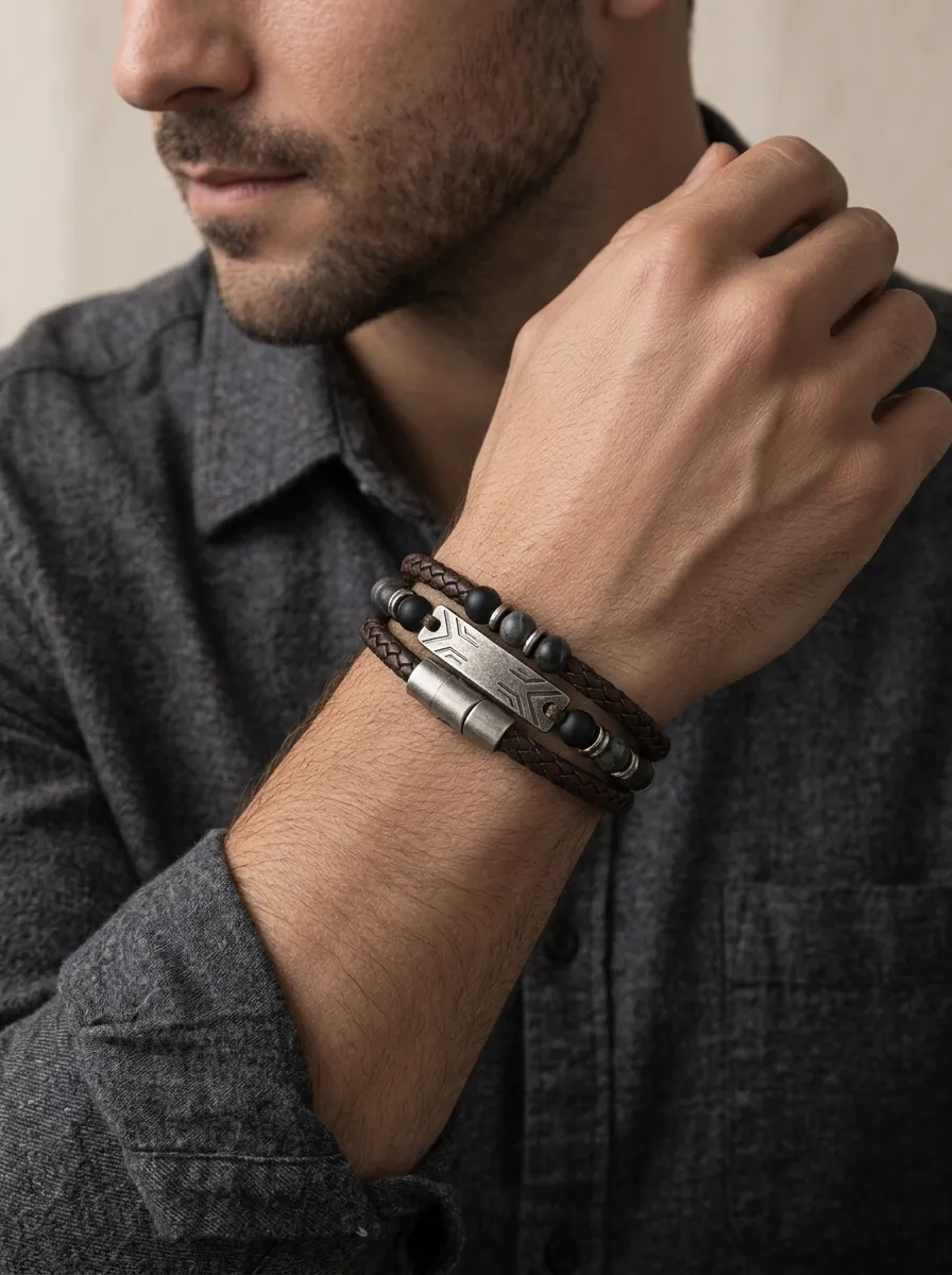 Men's Tribal Geometric Leather Beaded Stacked Bracelet