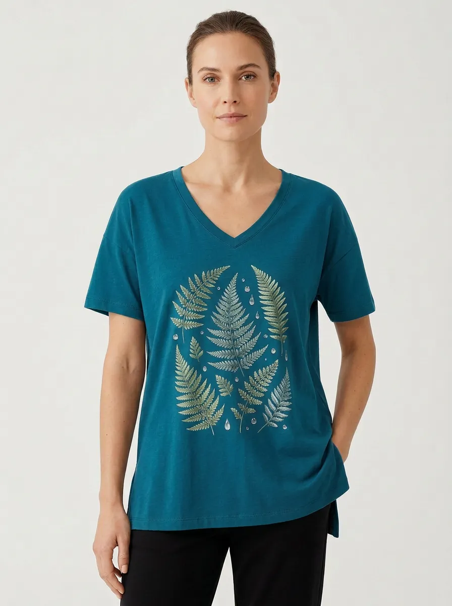 Women's Fern Leaf & Dewdrop Graphic V-Neck T-Shirt