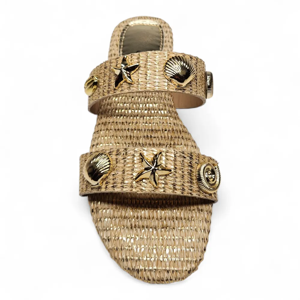 Golden Seashell Woven Double Strap Slide Sandal