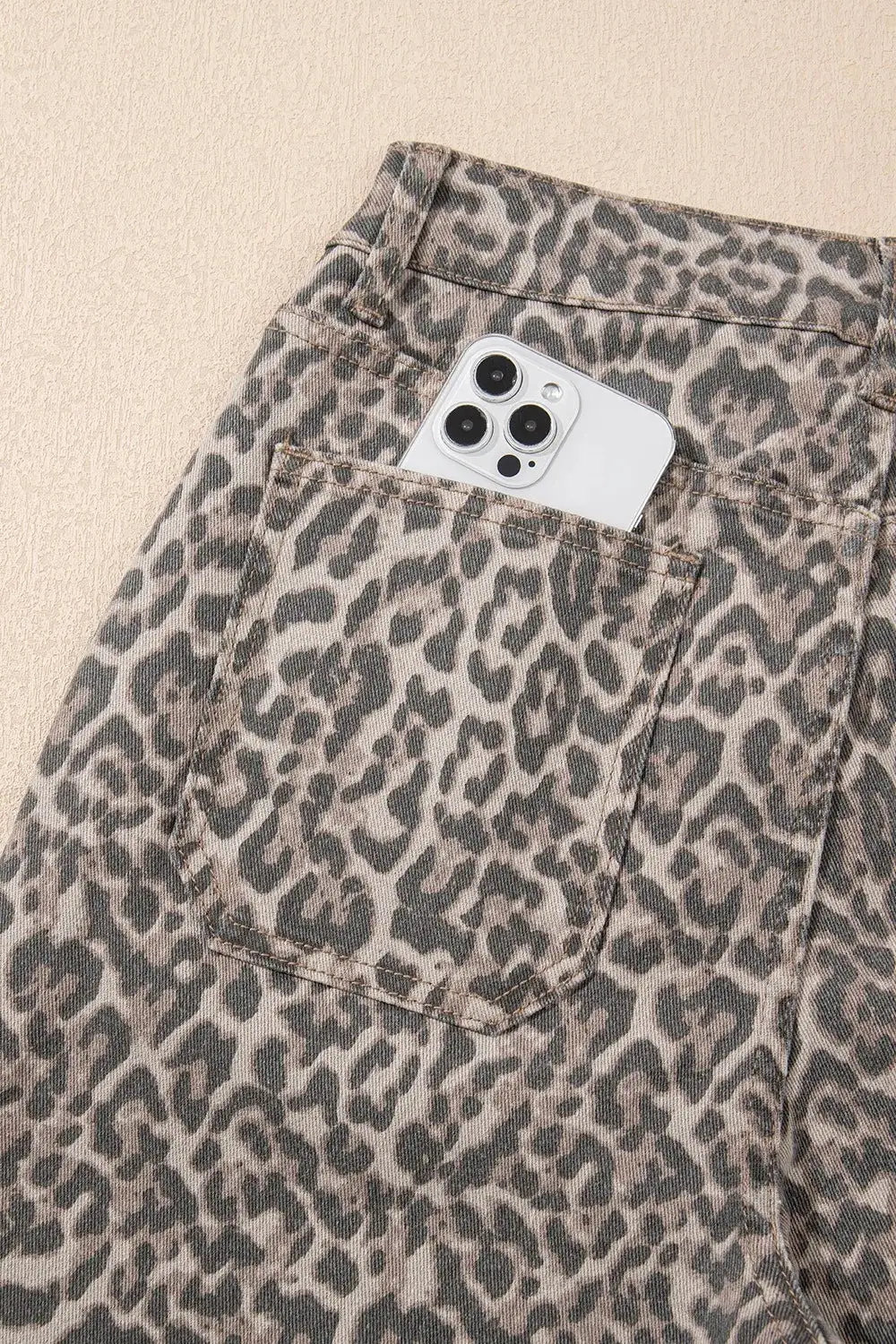Leopard Frayed Edge Wide Leg High Denim Jeans