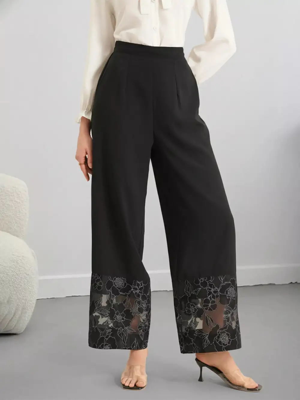 Wide Leg Lace Trim Floral Versatile Pants