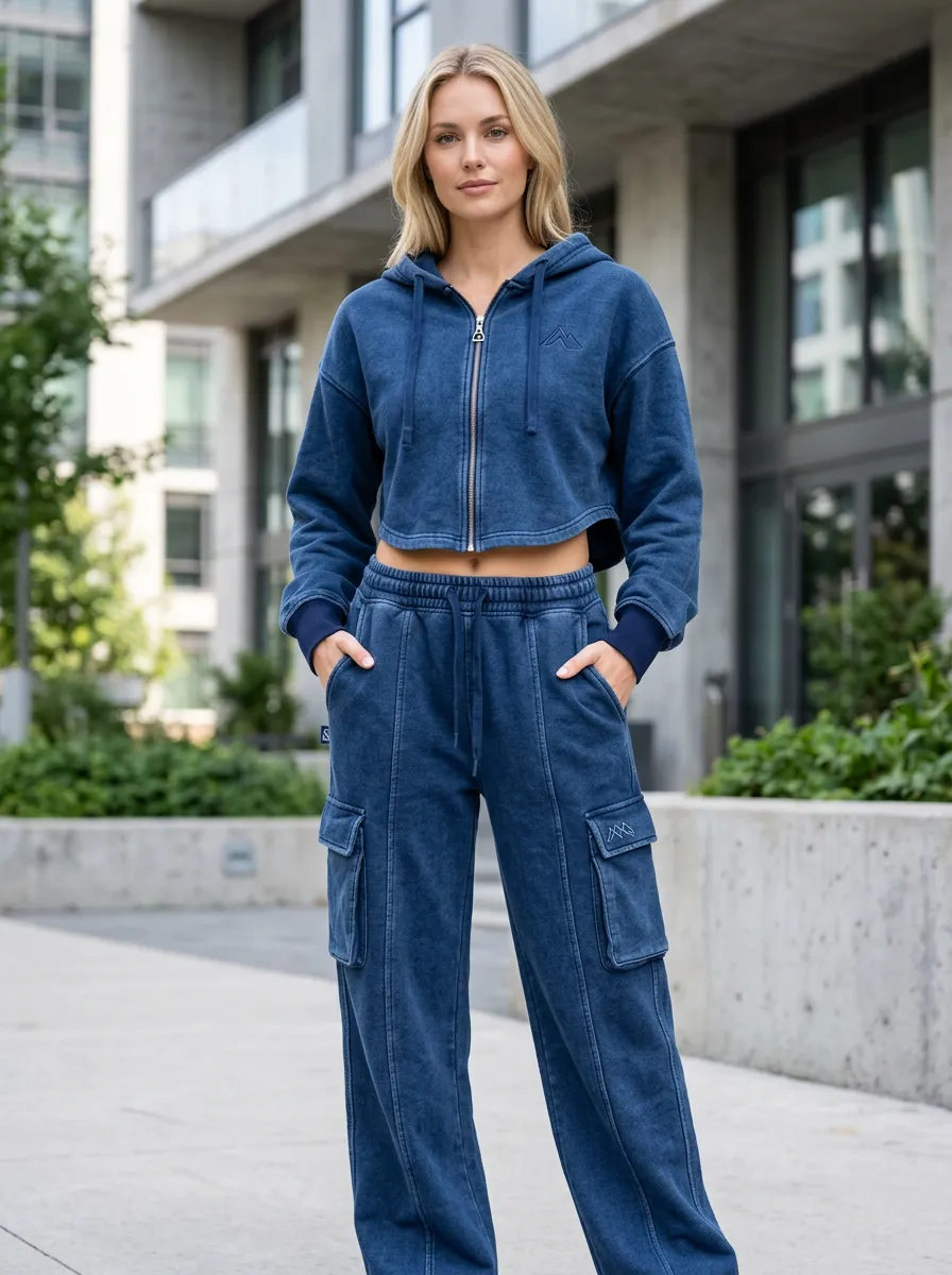 Women's Mountain Logo Acid Wash Cropped Zip Hoodie Cargo Jogger Set