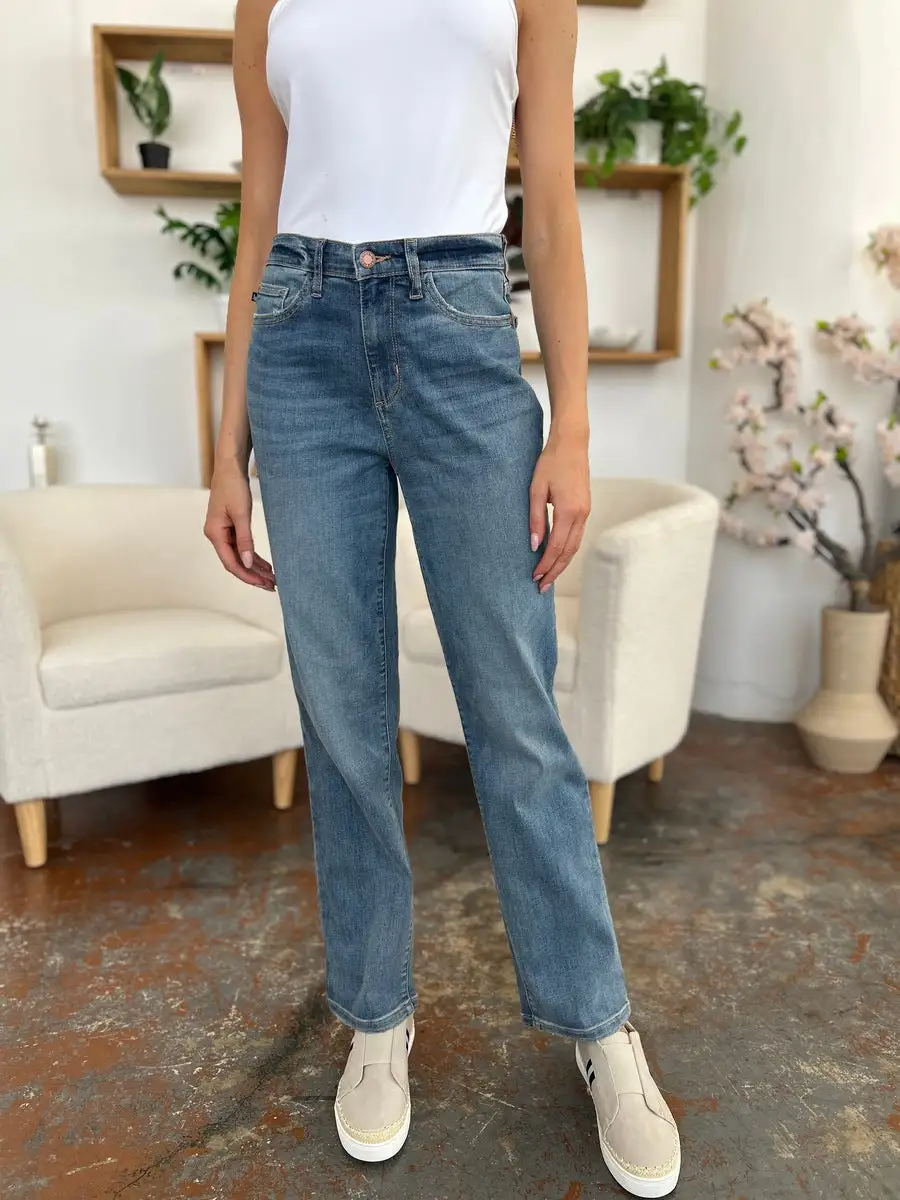 High-Waist Relaxed Washed Stretch Straight Leg Jeans