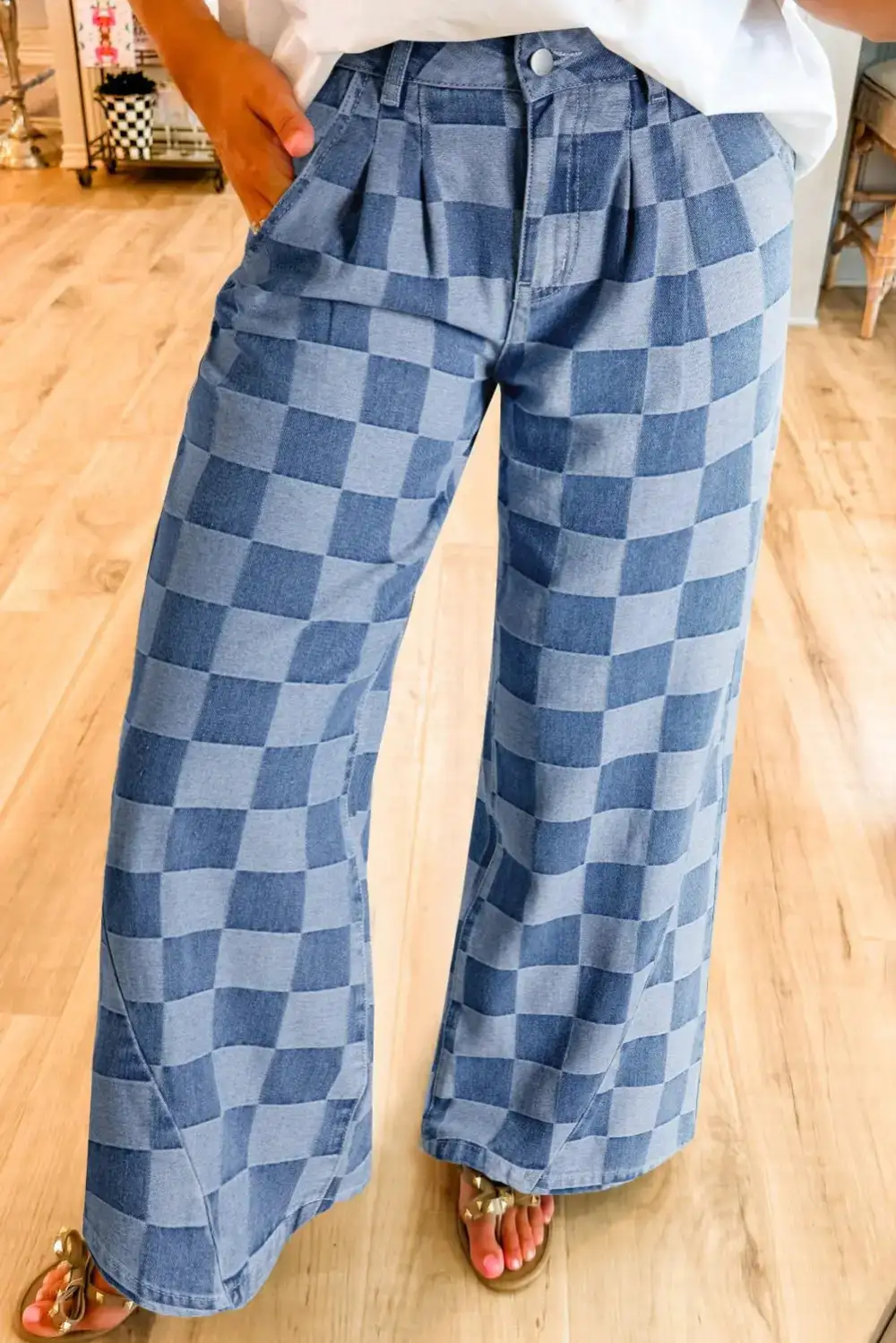 Plaid Relaxed Fit Wide Leg Pocketed Casual Jeans