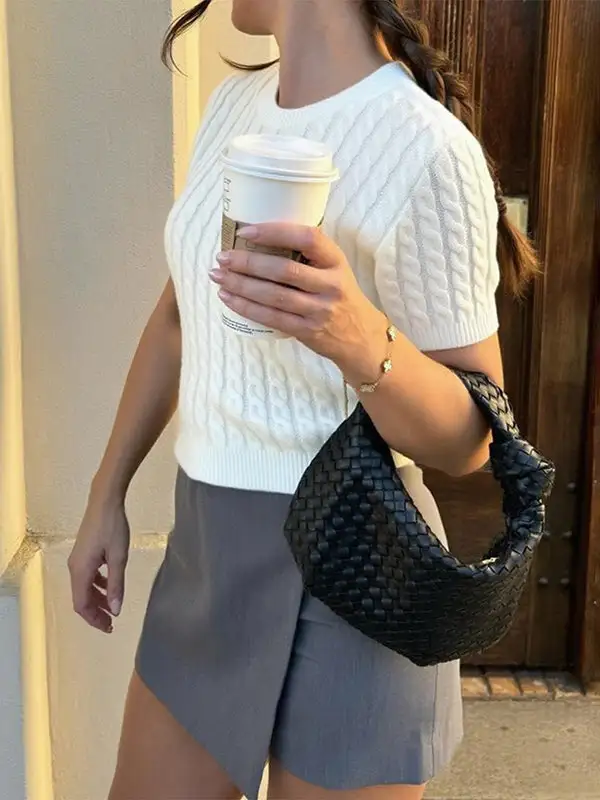Paneled Round Neck Short Sleeve Pullover Sweater